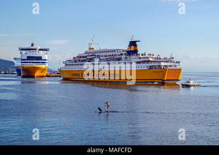 Corsica Ferries Sardinia Regina is reversing out of harbour Bastia Bastia Corsica France Europe with Sardinia Andrea moored in the background Stock Photo