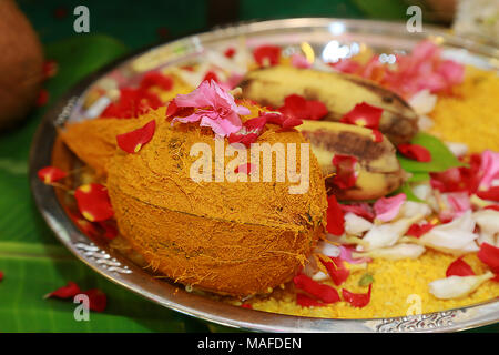 South Indian prayer items on a wedding day Stock Photo