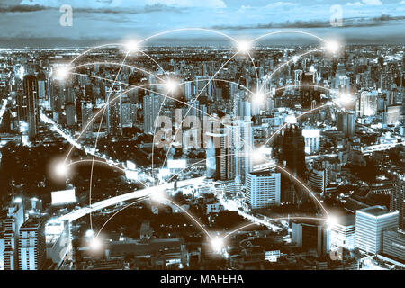 Night city scape and network connection concept Stock Photo