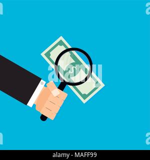 Investment search vector. Search dollar with magnifying glass, investment zoom illustration. Finding method for making money Stock Vector