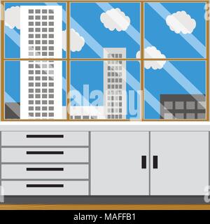 Office or laboratory room with window city landscape. Empry interior workplace, cabinet clinical with table and window. Vector illustration Stock Vector