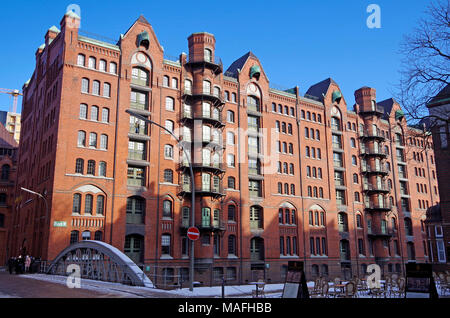 Warehouse Block W, one of many such blocks in Speicherstadt, historic port area of Hamburg, Gothic revival style of the late 19th early 20th Century Stock Photo