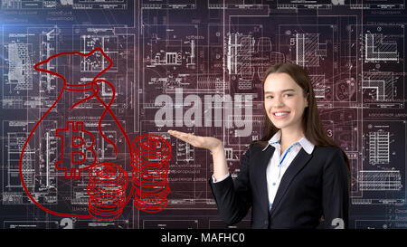 Bauty business woman standing in suit with Bitcoin Logo to illustrate the use of bitcoin for trading or money transfer. Stock Photo