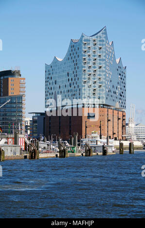 View from the top deck of a ferry of the Elbphilharmonie concert hall on a peninsula jutting out into the river Elbe, in Hamburg Germany Stock Photo