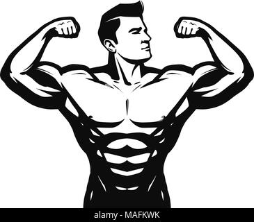 Gym, sport, bodybuilding logo or label. Strong man with big muscles. Vector illustration Stock Vector