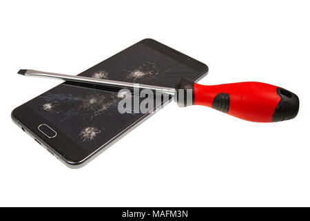 Smartphone with broken screen and screwdriver isolated on a white background Stock Photo