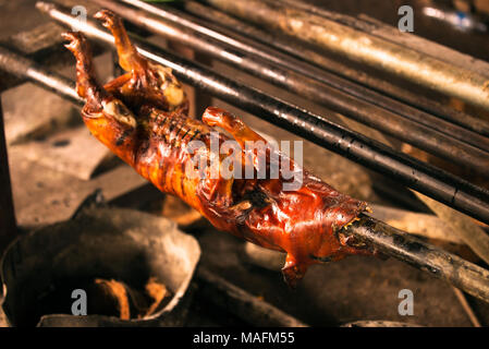 Pig on iron bar and roasted. Stock Photo