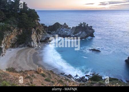 McWay Falls Scenic Waterfall Landscape Aerial Beach Sunset View Panorama Big Sur Central California Coast Pfeiffer Burns State Park USA Stock Photo