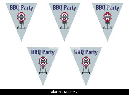 BBQ Party on Triangle Bunting Flags. All the objects are in different layers and the text types do not need any font. Stock Vector