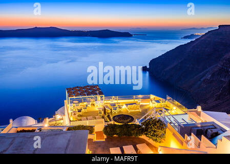 Santorini, Greece. Firostefani twilight, old village in Thira island, Cyclades and Mediterranean Sea. Stock Photo