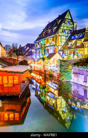 Colmar, Alsace, France. Gingerbread houses at Petite Venise. Christmas decoration of local craftsmen, famous in Europe. Stock Photo