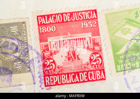 Antique cuban stamps with postmarks. Vintage historic philately. Postal. Hobby Stock Photo