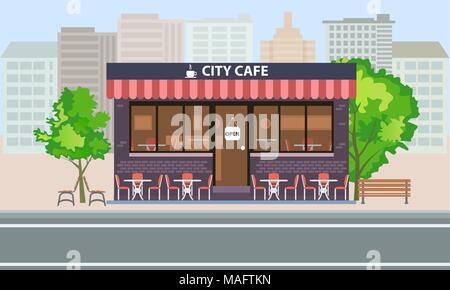 Central cafe building exterior with summer terrace, tables, chairs and trees. City landscape concept Vector flat illustration. Stock Vector