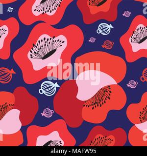 Vector seamless bright pattern of red poppies on blue Stock Vector