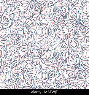 Engraving line sketch style flower seamless pattern. Stock Vector