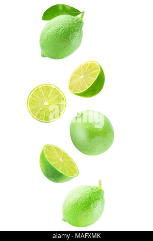 Isolated flying citrius. Fresh falling lime isolated on white background with clipping path as a packaging design and advertising. Stock Photo