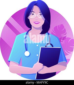 Vector illustration of female doctor holding files in hands. Modern flat realistic style of  Medical concept. Stock Vector