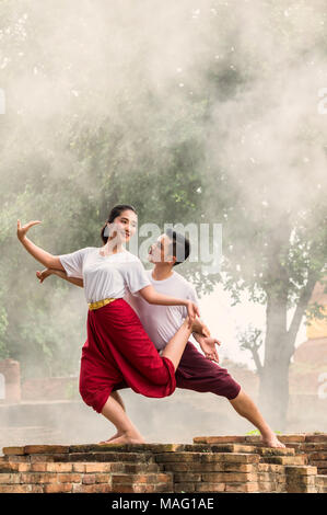 Two Thai Dancing art, pantomime performances action of Thailand, rehearsal before show, khon is the main dramatic art form of Thailand Stock Photo