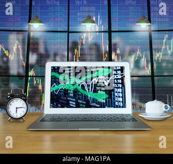 Workspace with computer laptop on the wood table which shown stock market exchange on the screen with trading graph over the cityscape building backgr Stock Photo