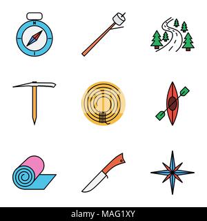 Camping flat vector icon set for web and mobile applications. Set includes - compass, marshmallov, road, ice axe, rope, canoe, penknife, mat, wind ros Stock Vector