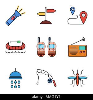 Camping flat vector icon set for web and mobile applications. Set includes - singpost, map pin, music radio, fishing rod, flashlight, canoe, portable  Stock Vector