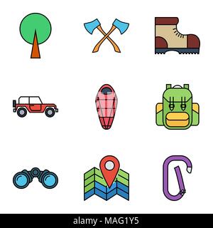 Camping flat vector icon set for web and mobile applications. Set includes - tree, axes, camping shoes, offroad car, sleeping bag, bagpack,map pin, bi Stock Vector