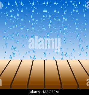 Empty brown wooden tabletop display over blue water drops background. Vector illustration, EPS10. Stock Vector