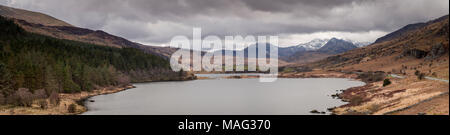 Panorama of Llyn Mymbyr and Snowdon in winter, Snowdonia, North Wales Stock Photo