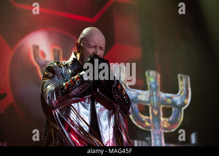 Heavy metal legends Judas Priest on their Firepower tour at Tribute Communities Centre in Oshawa, Ontario, CANADA.Bobby Singh/@fohphoto Stock Photo