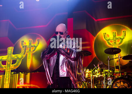 Heavy metal legends Judas Priest on their Firepower tour at Tribute Communities Centre in Oshawa, Ontario, CANADA.Bobby Singh/@fohphoto Stock Photo