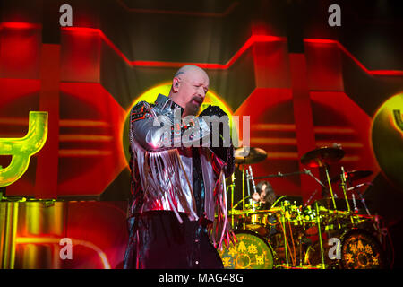 Heavy metal legends Judas Priest on their Firepower tour at Tribute Communities Centre in Oshawa, Ontario, CANADA.Bobby Singh/@fohphoto Stock Photo