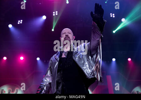 Heavy metal legends Judas Priest on their Firepower tour at Tribute Communities Centre in Oshawa, Ontario, CANADA.Bobby Singh/@fohphoto Stock Photo