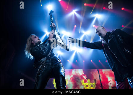 Heavy metal legends Judas Priest on their Firepower tour at Tribute Communities Centre in Oshawa, Ontario, CANADA.Bobby Singh/@fohphoto Stock Photo