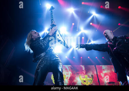 Heavy metal legends Judas Priest on their Firepower tour at Tribute Communities Centre in Oshawa, Ontario, CANADA.Bobby Singh/@fohphoto Stock Photo