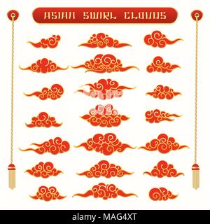 Japanese clouds. Vector cartoon japan cloud set, chinese cloudy graphic elements isolated on white background Stock Vector
