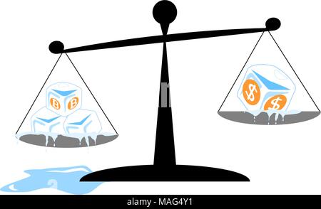 Currency instability in business concept. Melting ice cubes (Bitcoin, Dollars signs) on balance weight scale (black and gray colors), Stock Vector