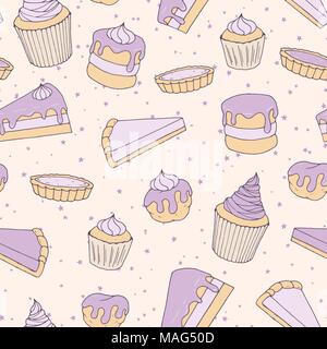 Vector pastry seamless pattern with cakes, pies, tarts, muffins and eclairs with purple blueberry topping.  Hand drawn sweet bakery products in sketch Stock Vector