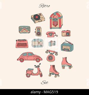 Vector retro set with antique tech, car, scooter, juke box, radio, typewriter, roller skates, cameras and  vinyl record player. Hand drawn collection  Stock Vector