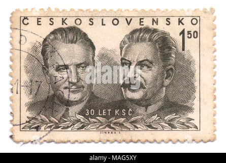 Stamp printed in Prague shows Joseph V. Stalin and Klement Gottwald (Cz. president) for 30th anniversary of founding Communist Party of CSSR. 1951. Stock Photo