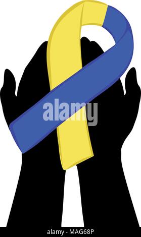 Hands hold with yellow blue ribbon. World down syndrome day Stock Vector