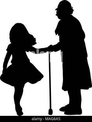 Silhouette girl cares helps grandmother Stock Vector
