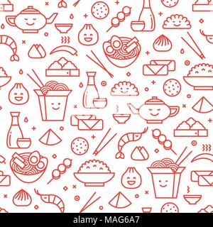Vector line art seamless pattern of Chinese cuisine in outlined icons. Traditional food of different provinces of China take out boxes, noodles, dim Stock Vector