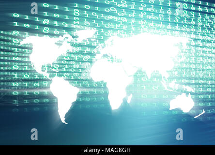 World map with digital binary codes blue theme background. Stock Photo