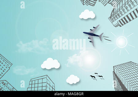 Sketch of city high rise buildings, with cloud icons and plane flying through the sky Stock Photo