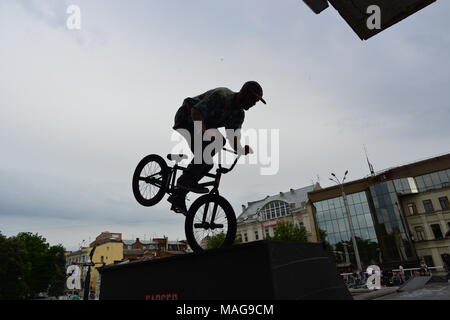 Young extremal bikers in the competition, near the Opera Theatre, Kharkiv, Ukraine Stock Photo