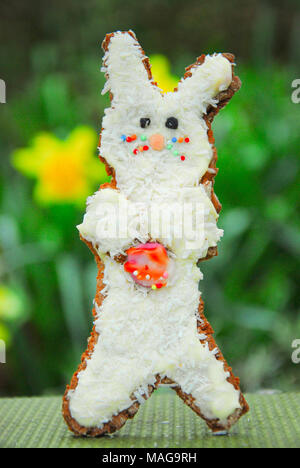 Portland, UK. 1st April 2018 - Student, Sophie (22), has fun baking Easter treats - 'Snowy and 'Rapper' bunny with their own egg, in Sophie's Portland garden Stock Photo