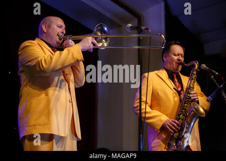 Nantwich, Cheshire, UK. 1st April, 2018.The Jive Aces perform live at the Nantwich Civic Hall during the 22nd Nantwich Jazz, Blues and Music Festival. Credit: Simon Newbury/Alamy Live News Stock Photo