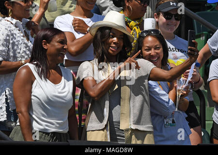 KEY BISCAYNE, FL - MARCH 31: Sloane Stephens (USA) defeats Jelena Ostapenko (LAT) 76(5) 61 on day 13 of the 2018 Miami Open held at the Crandon Park Tennis Center on March 31, 2018 in Key Biscayne, Florida    People:  Gabrielle Union Stock Photo