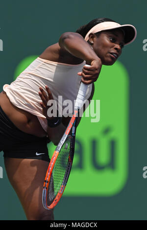 KEY BISCAYNE, FL - MARCH 31: Sloane Stephens (USA) defeats Jelena Ostapenko (LAT) 76(5) 61 on day 13 of the 2018 Miami Open held at the Crandon Park Tennis Center on March 31, 2018 in Key Biscayne, Florida    People:  Sloane Stephens Stock Photo