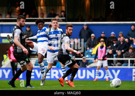 London, UK, 2 April 2018. Eberechi Eze of Queens Park Rangers (30) shoots and scores his team's third goal. EFL Skybet championship match, Queens Park Rangers v Norwich city at Loftus Road stadium in London on Monday 2nd April 2018.  this image may only be used for Editorial purposes. Editorial use only, license required for commercial use. No use in betting, games or a single club/league/player publications. pic by Steffan Bowen/Andrew Orchard sports photography/Alamy Live news Stock Photo